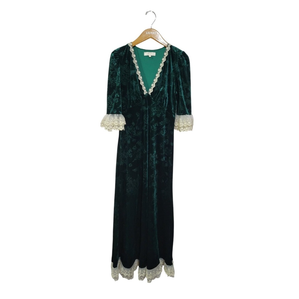 Lait Collection Gwyneth Dress Womens Large Green Embossed Velvet Floral Lace
